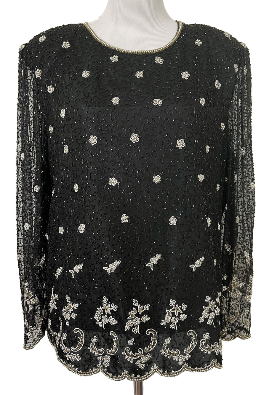 LAURENCE KAZAR VINTAGE Silk Beaded Top Blouse 80s Black Long Sleeve Formal 1X